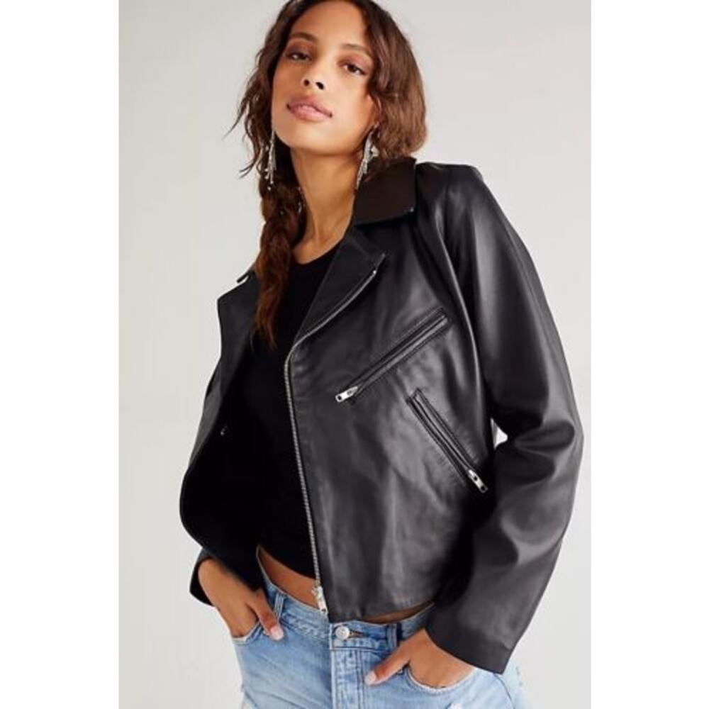 Free People x Pierre Rioufol Sun Shining Leather Jacket Moto Black Size L NWOT